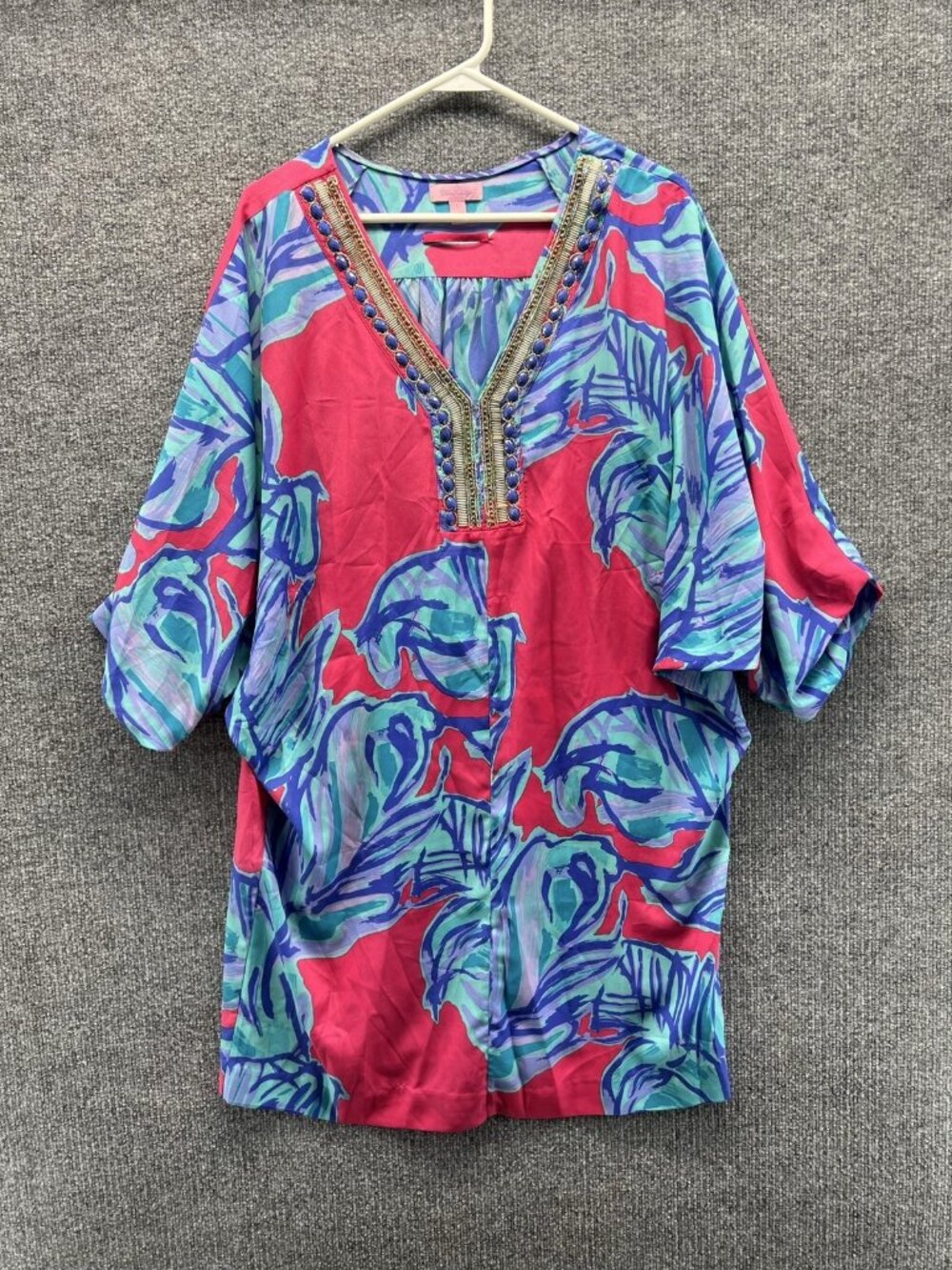 Lilly Pulitzer Tunic Top Women Large Multicolor Beaded V Neck Tropical Beach